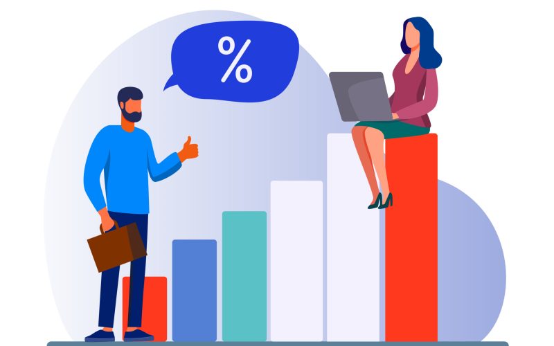 Bank client and manager discussing interest rate. People talking, using laptop, growth bar chart flat vector illustration. Finance, loan concept for banner, website design or landing web page