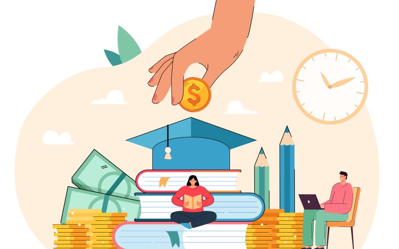 Tiny students sitting near books getting university degree and paying money. Education business flat vector illustration. College scholarship, finance system, school fee, economy, student loan concept